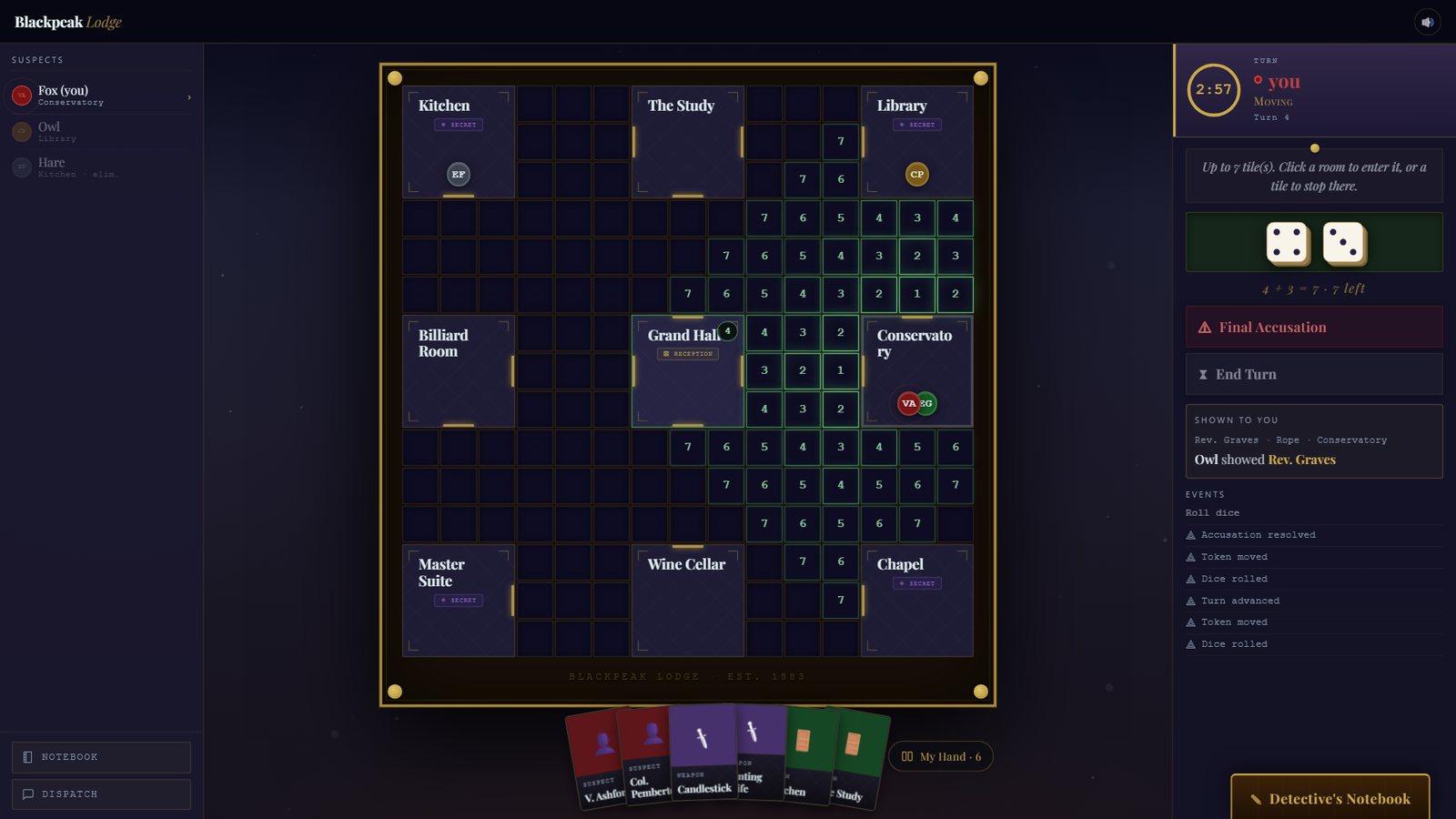 A Blackpeak Lodge game in progress: the lodge's rooms on a tile board, the reachable tiles lit up after a roll of seven, the turn timer, dice and a privately shown clue