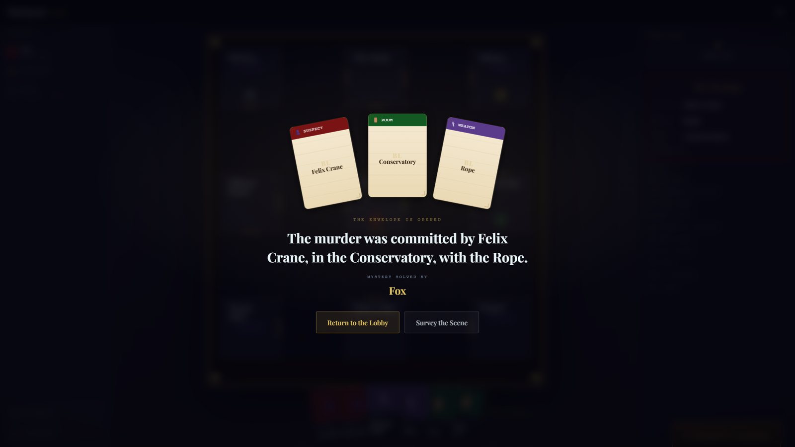 End of a game: the envelope opened, showing the suspect, room and weapon, and the player who solved it