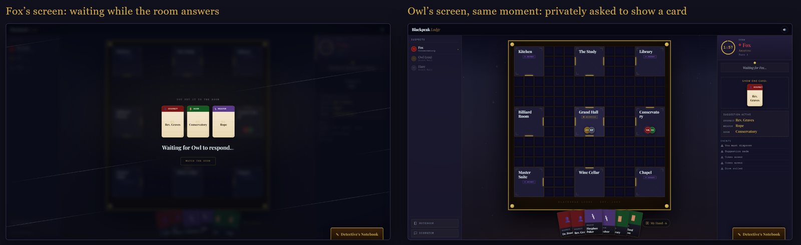 Two players' screens at the same moment: Fox waits while Owl is privately asked to show one of three cards