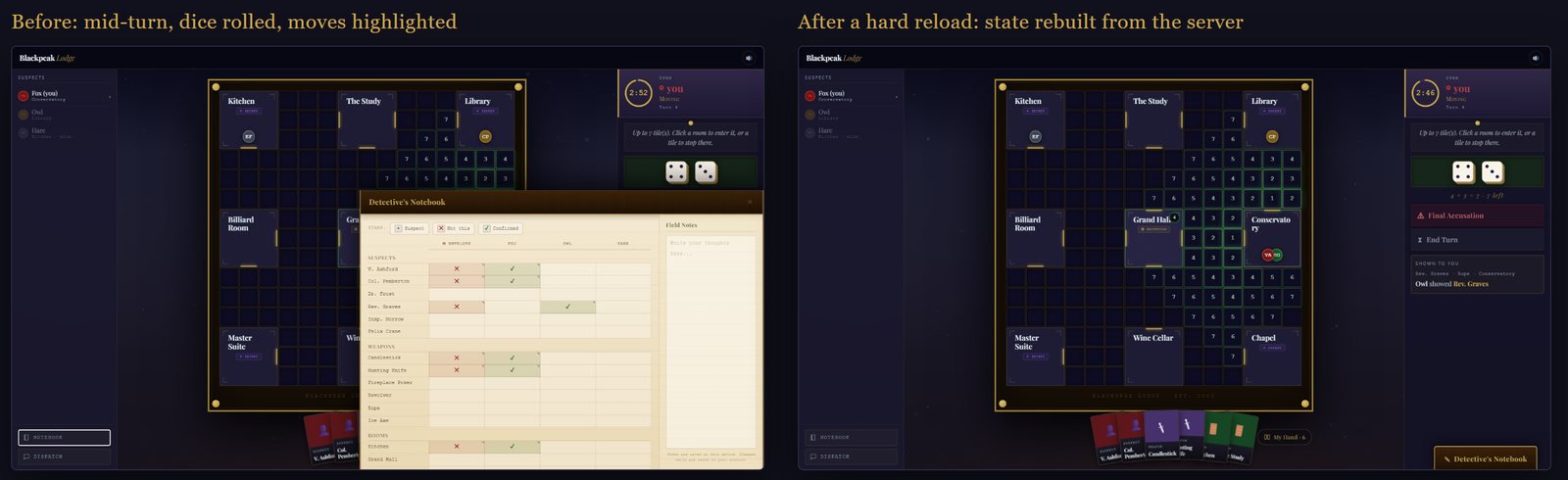 The same game before and after a hard page reload: board, hand, dice, timer and the private clue all come back