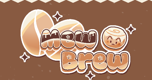 The Mew Brew logo: a cat-faced cinnamon roll beside coffee beans