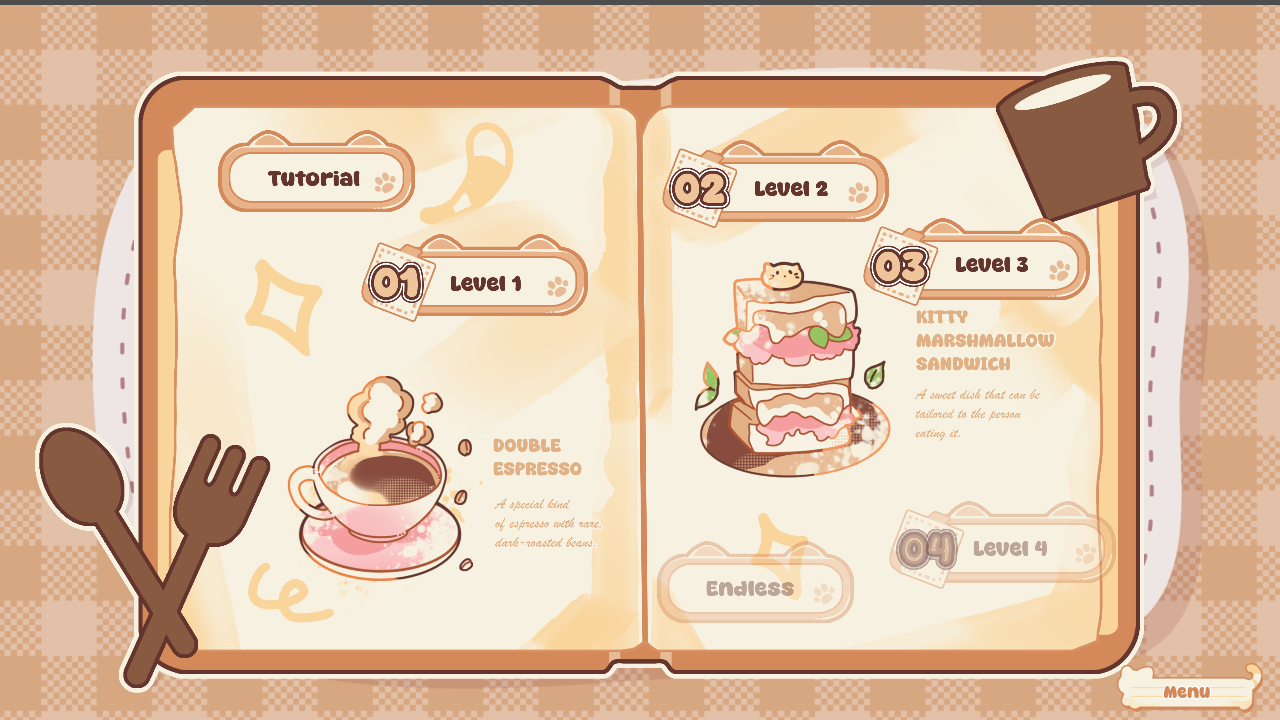The recipe-book level map with the tutorial, four levels and Endless mode