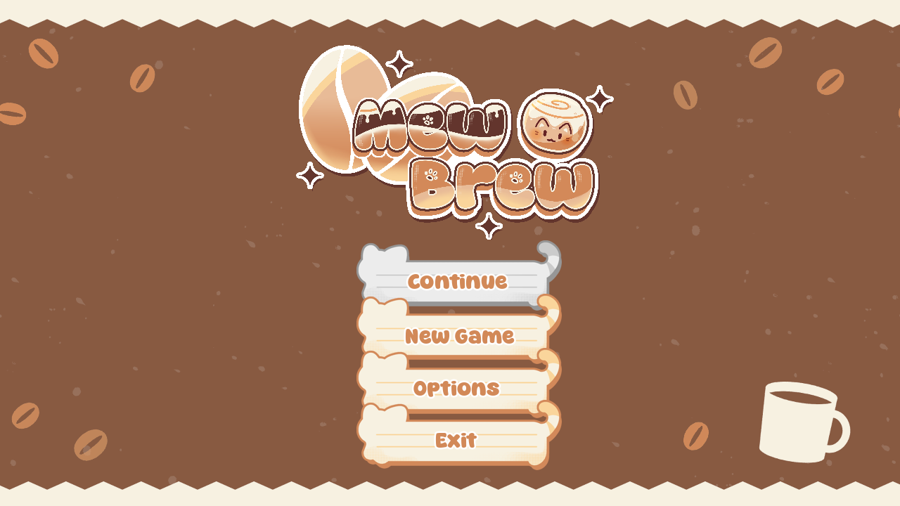 Mew Brew title screen with the game's logo and main menu