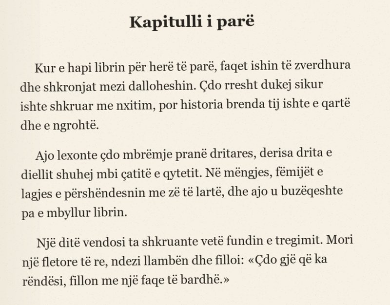 A scanned page of Albanian text titled Kapitulli i parë, full of ë and ç letters